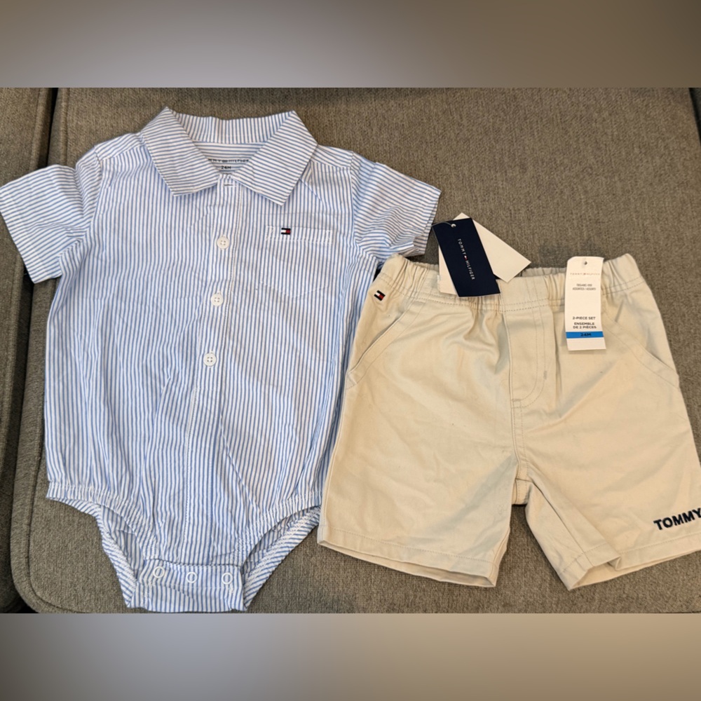 Tommy Hilfiger 24M Onesie with collar & Khaki Shorts Set